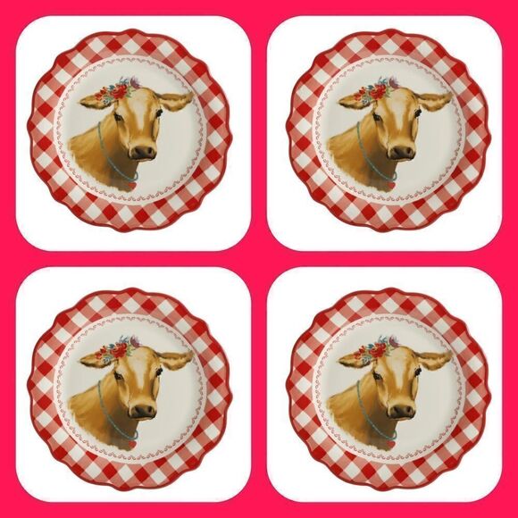 The Pioneer Woman - 4 - Gingham Check Cow Plates, Red - Picture 1 of 6